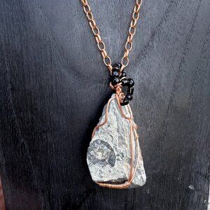 Unisex Fossil Stone Necklace Ammonite pure Copper Chain and Wire Wrap